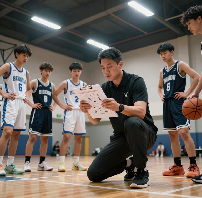 Low-angle action shot of a basketball coach drawing a tactical play on a clipboard, surrounded by focused youth players in a high-contrast indoor gym under sharp overhead lights.