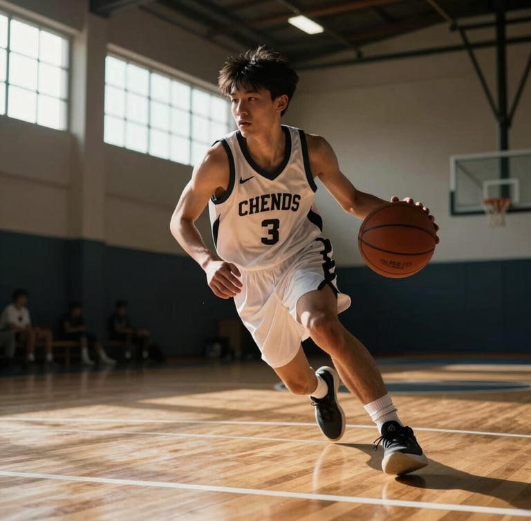 Low-angle action shot of a young basketball player executing a sharp crossover dribble on a polished hardwood court, dramatic side light from high gym windows