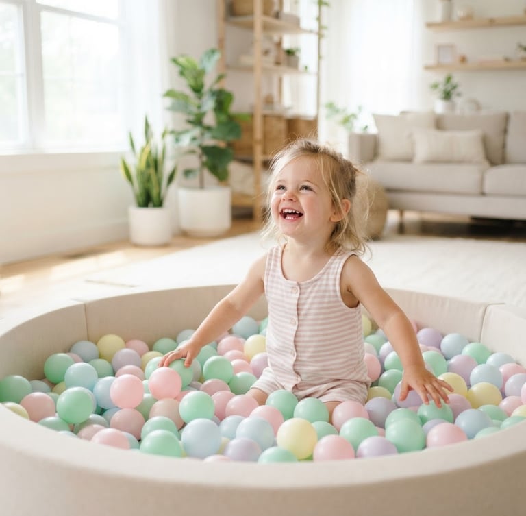 Bright, sunlit living room with a pristine pastel soft-play setup, a child happily playing in a ball pit, high-key photography, soft natural daylight, shallow depth of field