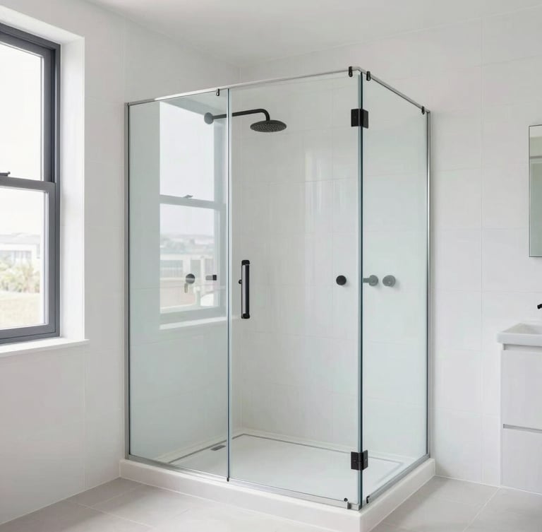 Bright modern bathroom featuring a newly completed walk-in shower with a sleek glass enclosure, crisp white tile work, elegant matte black fixtures, and a low-profile slip-resistant entry threshold, captured in bright natural daylight.