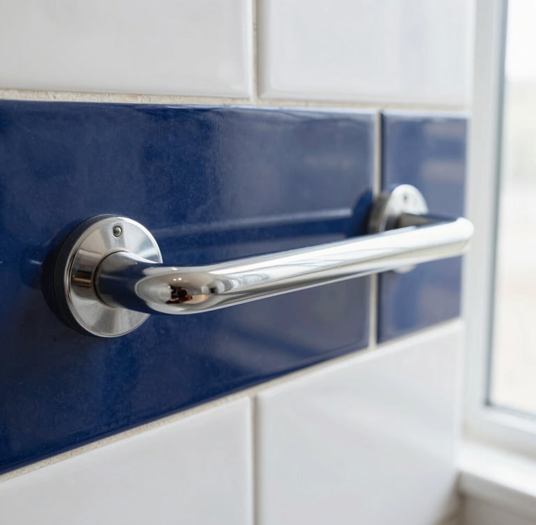 A close-up shot of a sleek, modern chrome grab bar mounted securely onto clean navy blue subway tile, bright natural lighting, sharp focus on the metallic texture.