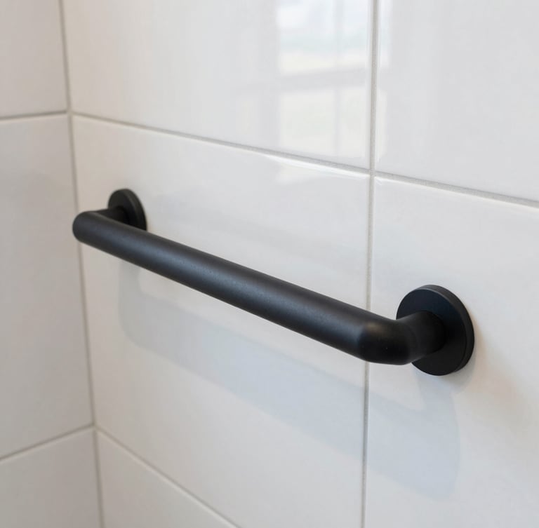Close-up of a modern matte black safety grab bar seamlessly integrated into a beautifully tiled walk-in shower wall, bright daylight reflecting off the clean ceramic surface.