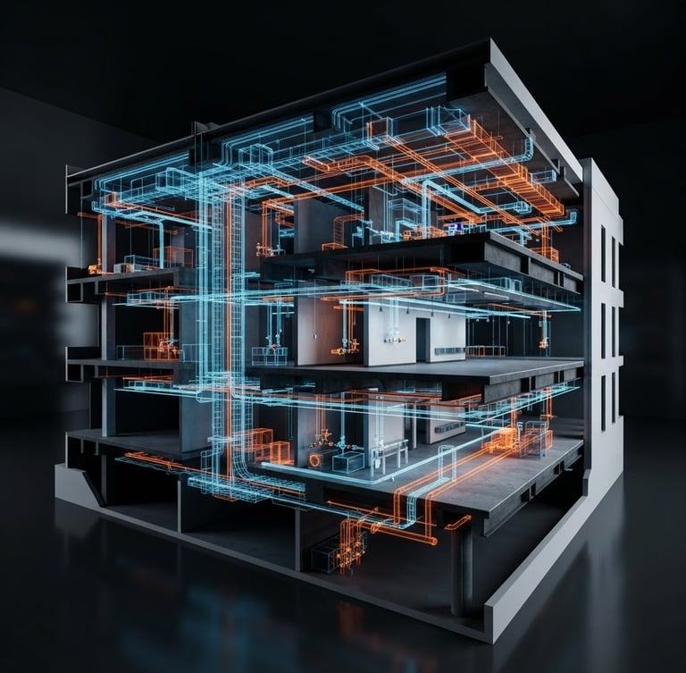 Technical BIM model 3D render showing complex MEP coordination with blue and orange neon wireframes, high-contrast studio lighting, architectural cross-section