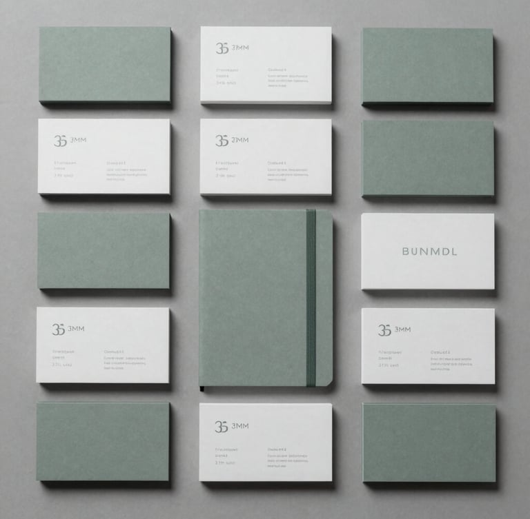 Top-down flat lay of coordinated brand collateral including business cards and a notebook, arranged in a precise 90-degree grid, soft overcast daylight, muted slate and sage tones, 35mm