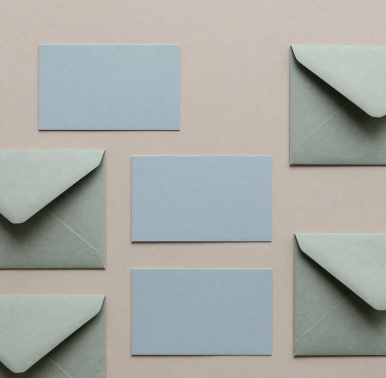 Minimalist top-down flat lay of coordinated brand collateral, soft slate blue business cards aligned with muted sage green envelopes on a warm taupe surface, diffused overcast daylight