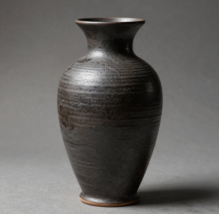 A tall, hand-coiled ceramic vessel with a raw, textured charcoal glaze, shot in profile against a soft neutral background with dramatic side-lighting