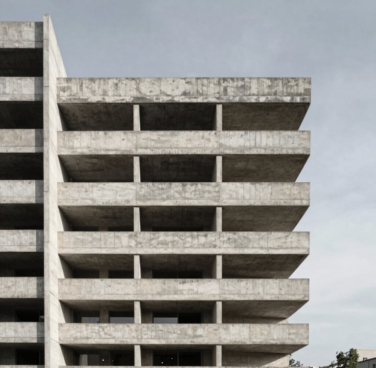 Symmetrical straight-on wide-angle shot of a completed brutalist concrete and exposed steel residence, harsh natural sunlight, sharp focus, 24mm lens, negative space on the right.