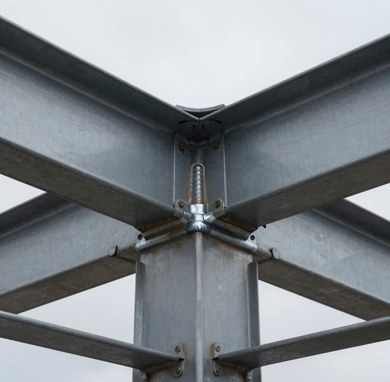 Extreme close-up of a structural steel joint, welded with millimeter precision, harsh overcast daylight highlighting the raw metallic texture, desaturated industrial tones.