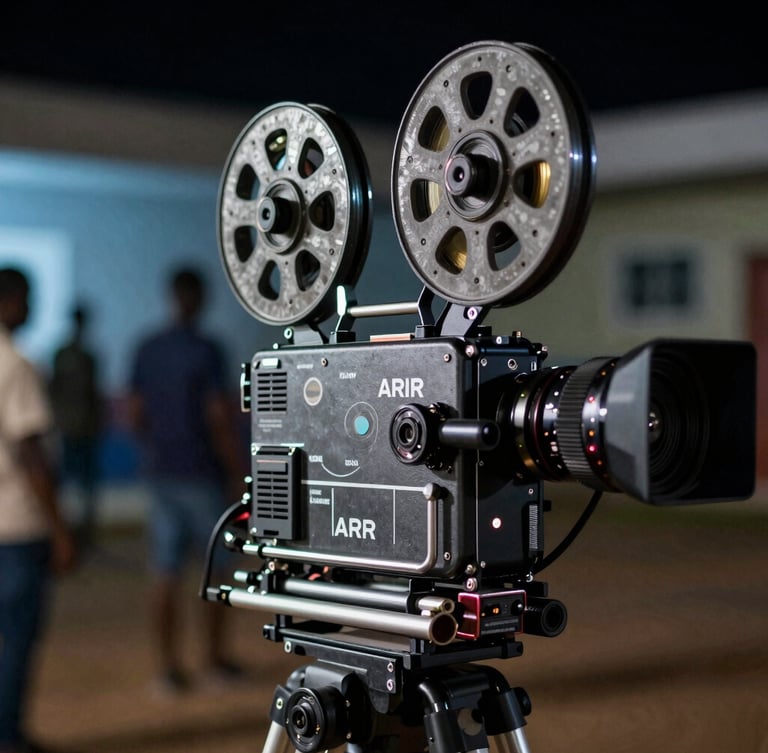 Vue rapprochée d'une caméra de cinéma ARRI sur un plateau de tournage nocturne à Cotonou, lumières bleues froides en arrière-plan, atmosphère hautement technique.