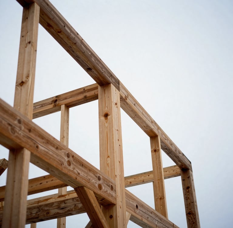 Low-angle architectural photograph of exposed heavy Douglas fir timber framing against a crisp overcast Canadian winter sky, sharp contrast, 35mm