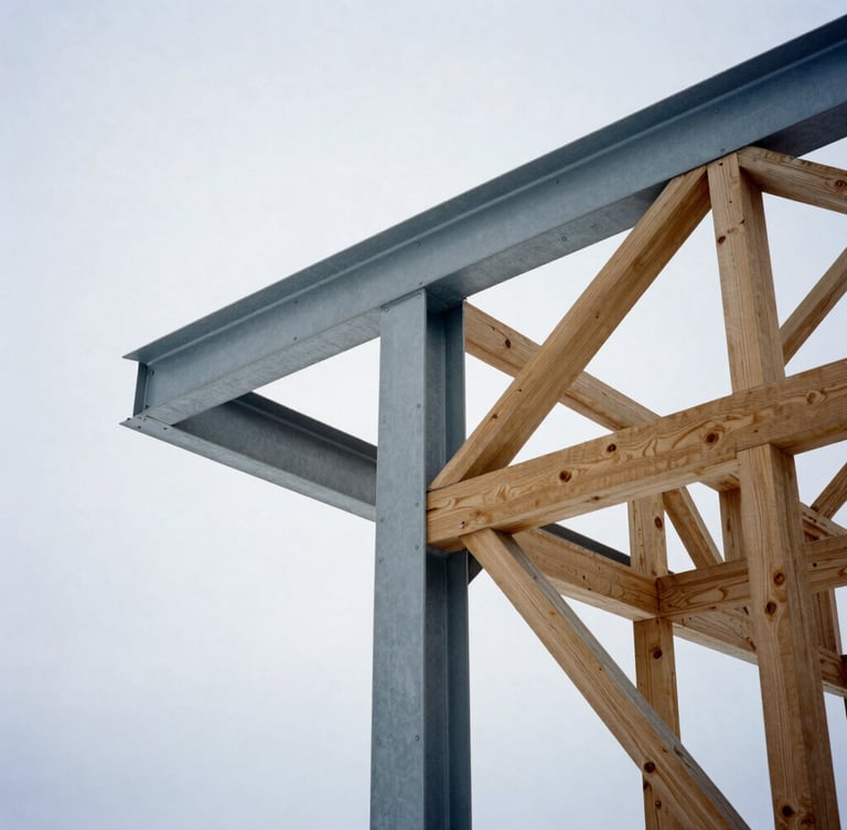 Low-angle architectural photograph of exposed structural steel beams and heavy timber framing under a crisp, overcast Canadian winter sky, sharp contrast, 35mm