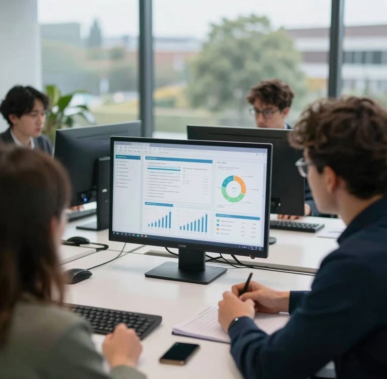 Overhead desk layout of a collaborative strategy session in a Billericay office, analytical dashboards on screens, soft overcast British daylight, sharp 35mm focus