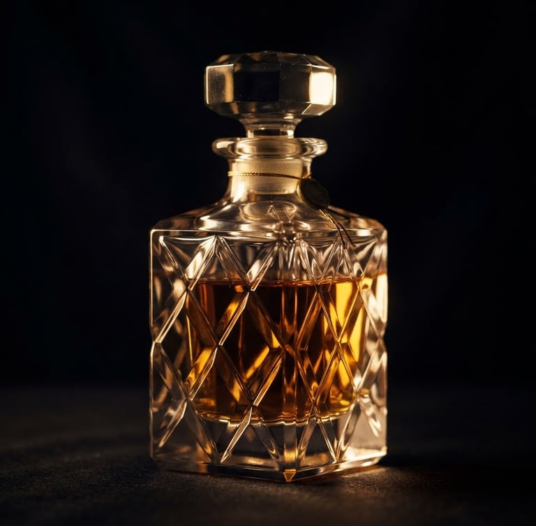 Dramatic macro shot of a heavy crystal perfume bottle reflecting warm champagne gold light, deep chiaroscuro shadows, obsidian background