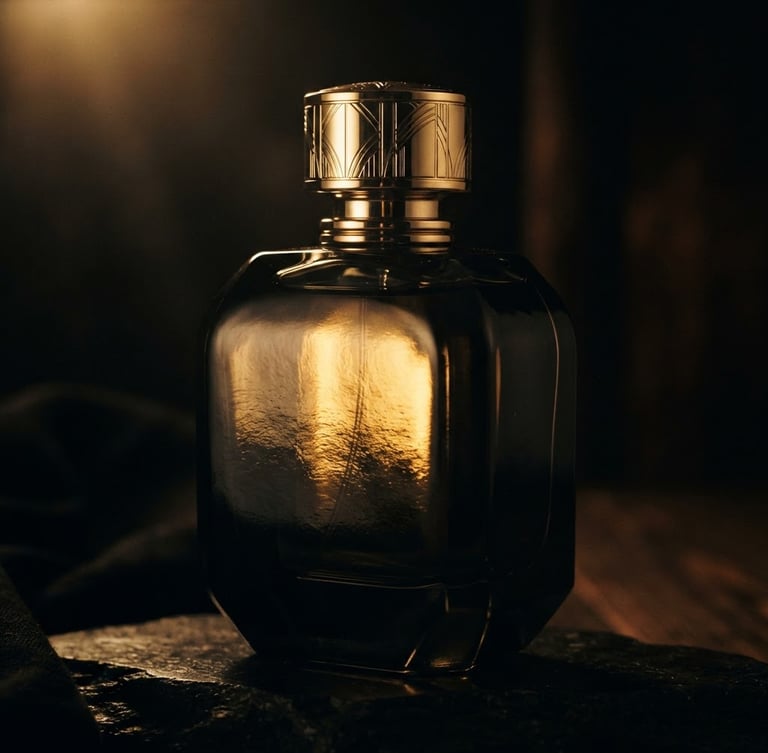 Macro cinematic photography of a heavy black perfume glass bottle reflecting warm golden light, dark chiaroscuro studio background with soft rim lighting.