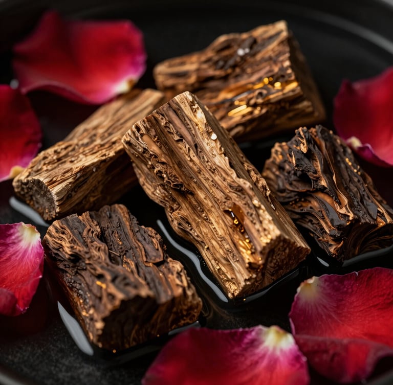 Macro close-up of raw agarwood blocks and fresh rose petals submerged in water, soft studio reflections, golden-hour rim lighting