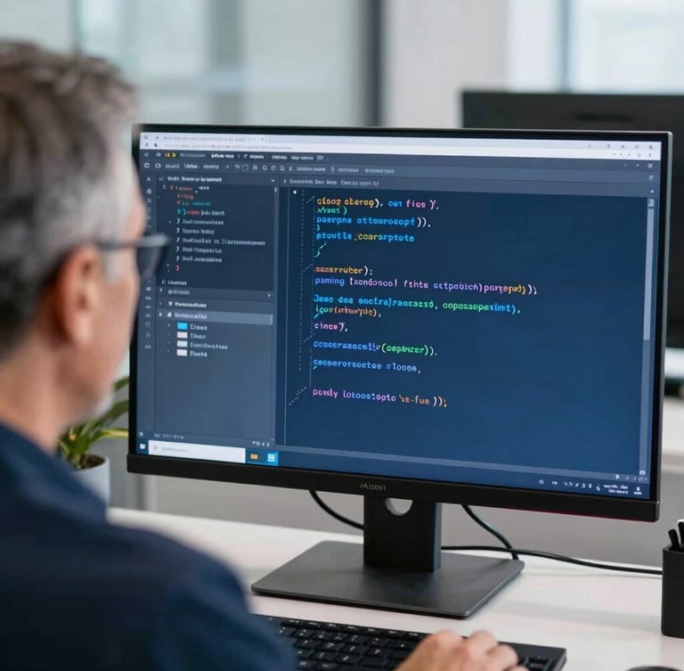 Over-the-shoulder perspective of a senior engineer reviewing clean code on a monitor with subtle blue screen glow, crisp technical editorial style, 35mm lens