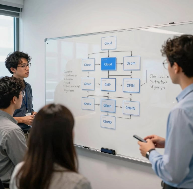Collaborative whiteboarding session in a cool-lit office space, diverse engineers mapping out cloud infrastructure, crisp editorial tech photography