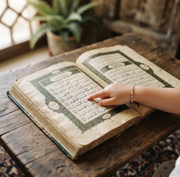 An open Quran with aged pages, illuminated by soft morning window light, a child's hand gently tracing Arabic script on the left page. Shallow depth of field.