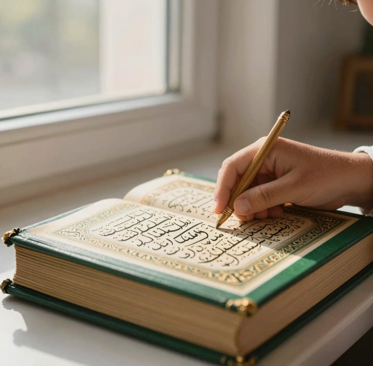 Medium close-up of a child's hands gently tracing Arabic script in a beautifully bound Quran, warm morning light from a window, bright home setting, deep forest green and gold accents, shallow depth of field.