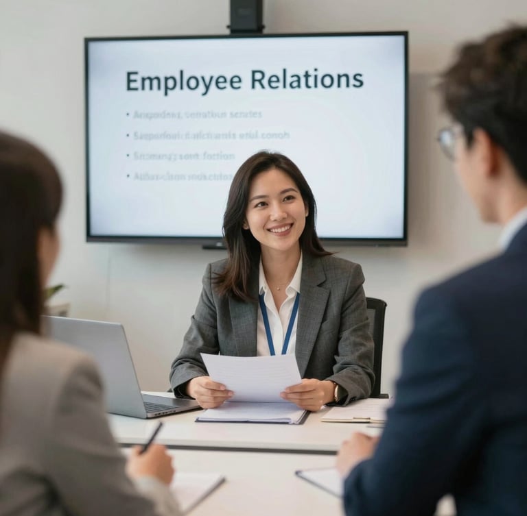 Smiling HR professional leading an employee relations seminar with a presentation screen and laptop.
