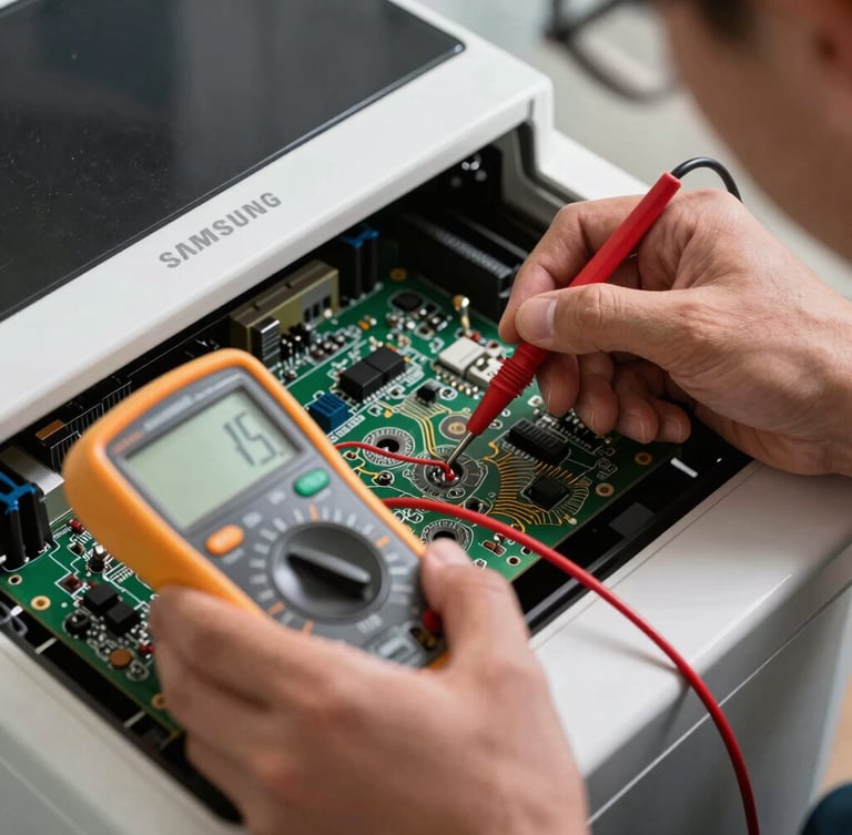 Close-up of a professional technician using a digital multimeter to test an electronic circuit board inside a Samsung appliance.