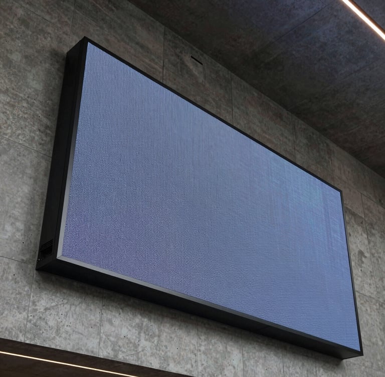Low-angle architectural shot of a massive LED screen integrated into a concrete corporate lobby wall, high-contrast structural lighting, cool metallic grays.