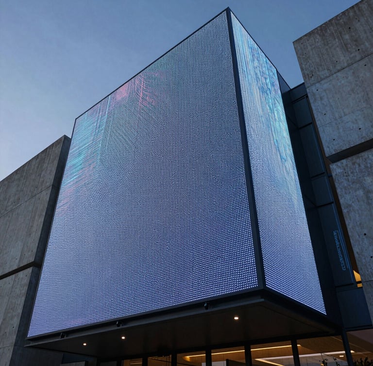 Low-angle architectural shot of a massive LED display integrated into a modern concrete lobby, dusk lighting highlighting screen luminosity, sharp hardware edges.