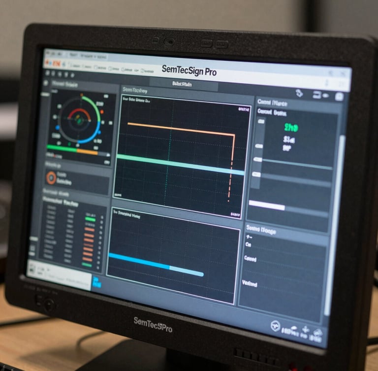 Close-up macro shot of a rugged system control monitor displaying the SemTecSign Pro interface, sharp UI lines, diagnostic telemetry grids, cool blue and gray tones.