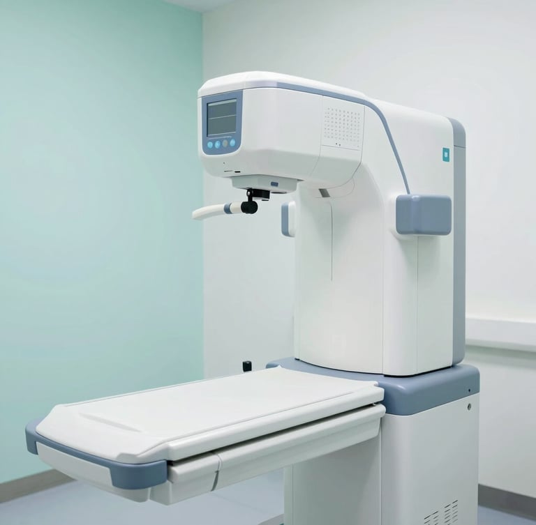 Medium shot of a modern, clean digital X-ray machine in a bright clinical room with soft teal accents, daylight