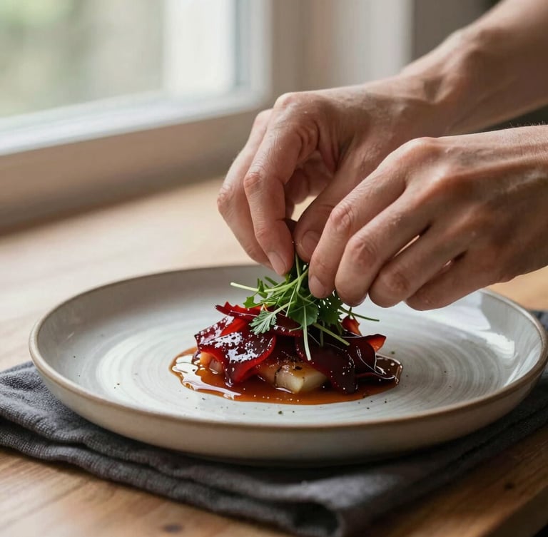 Close-up of hands delicately placing a fresh herb on a beautifully plated modern dish, rich textures of ceramic plate and dark linen napkin, soft diffused side daylight, shallow depth of field, 35mm photography.