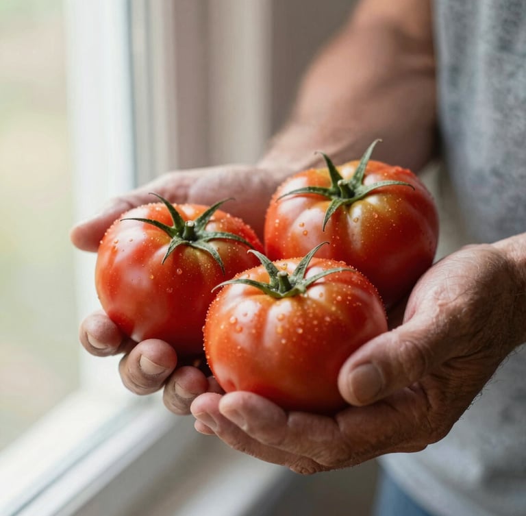 Close-up of farmer's weathered hands holding freshly harvested heirloom tomatoes, soft natural morning light, shallow depth of field, warm editorial style
