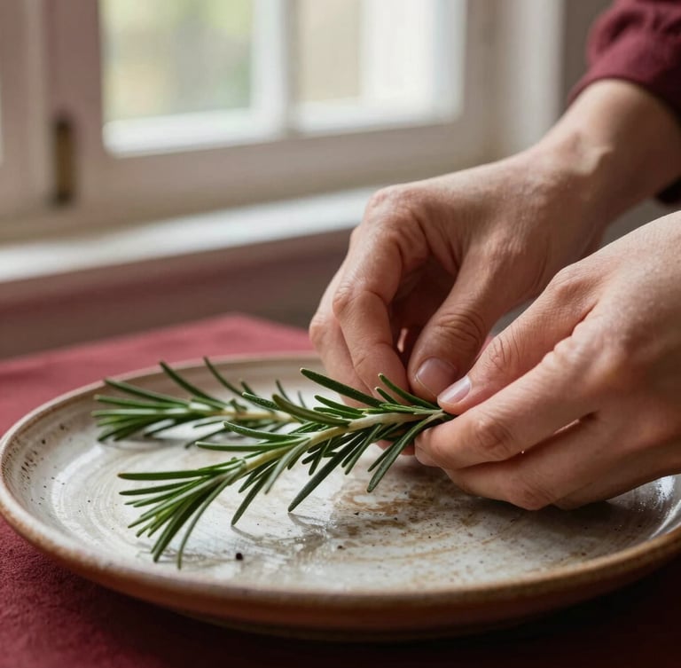 Close-up of hands carefully placing a fresh rosemary sprig on a rustic ceramic plate, soft natural window light, deep crimson accents, shallow depth of field, 35mm editorial food photography