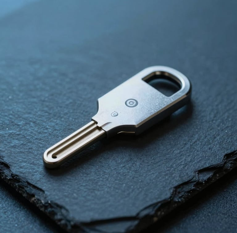 Macro shot of secure hardware security keys on a dark slate surface, high-contrast studio lighting, cool blue and teal tones, sharp focus, 35mm