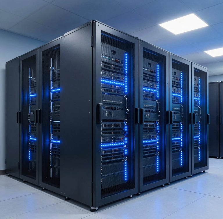 Sleek corporate technology photography, wide shot of a modern secure server facility with cool blue LED lighting, sharp focus, high-contrast architectural lighting, 35mm