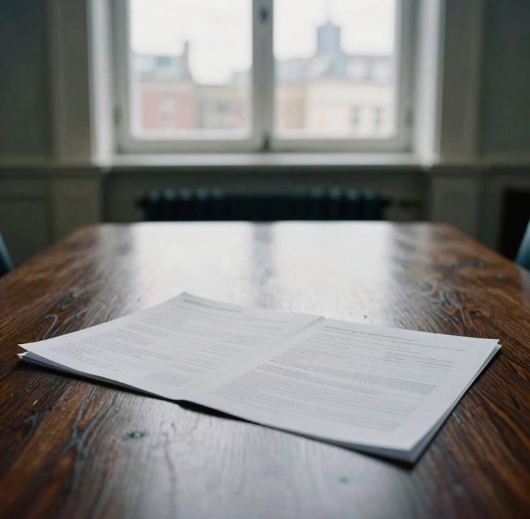 Editorial corporate photograph of high-end physical financial reports resting on a dark oak boardroom table, soft overcast daylight, desaturated cool tones, 35mm film.