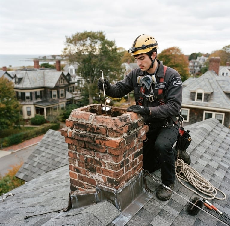 Clean-cut chimney sweep in uniform, inspecting a historic brick chimney on a New England home, natural overcast daylight, sharp focus, 35mm lens, tools visible, safety equipment.