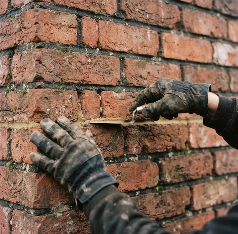 Close-up of a chimney sweep's gloved hands carefully tuckpointing historic red brick, natural overcast daylight, warm terracotta tones, sharp focus, 35mm lens, editorial documentary photography.