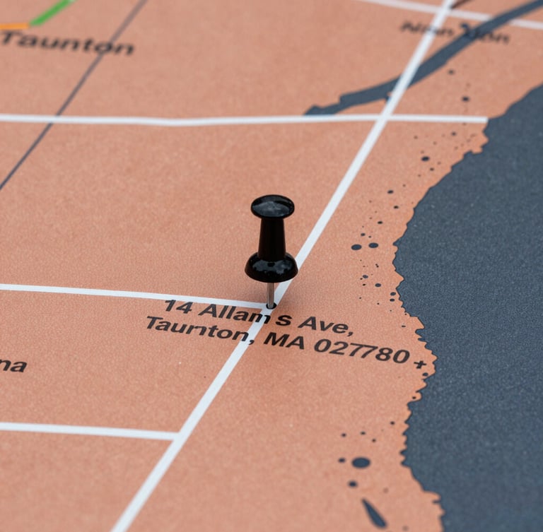 Map of Taunton, MA and surrounding Bristol County with a clear pin at 14 Allans Ave, Taunton, MA 02780, showing service area.