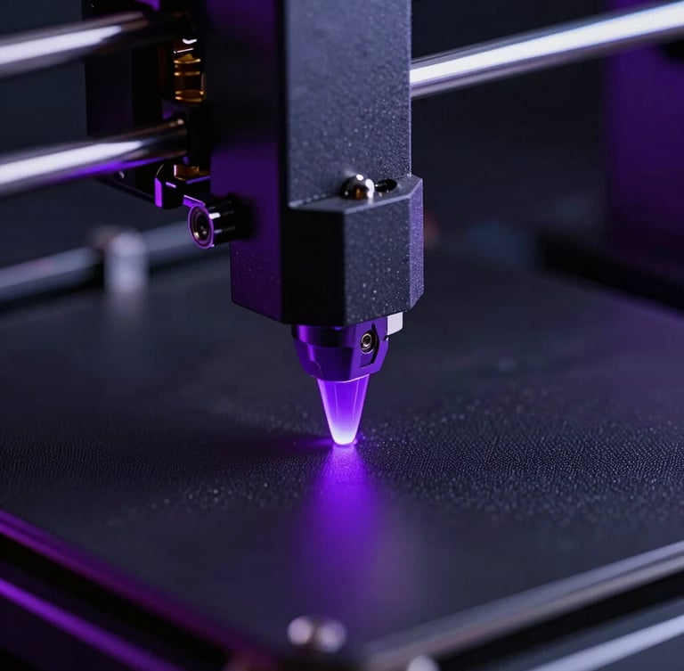 Extreme close-up of a high-precision 3D printer nozzle depositing glowing violet filament on a dark textured print bed under low-key dramatic neon lighting.