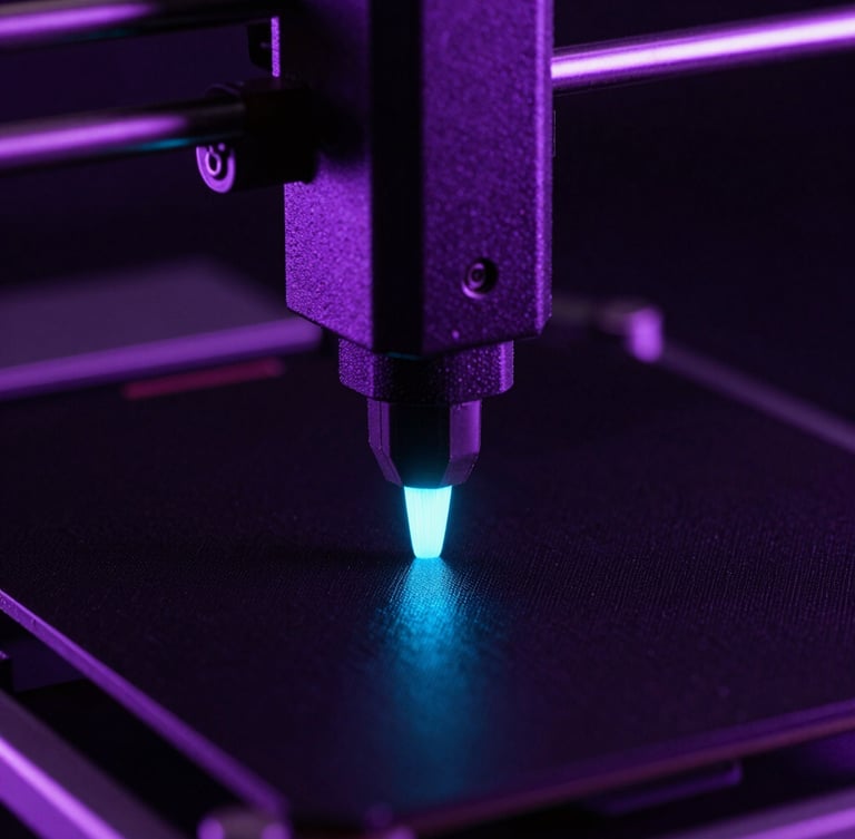 Dramatic low-key macro shot of a 3D printer nozzle depositing glowing cyan filament onto a dark textured bed, sharp neon violet ambient lighting, high contrast detail
