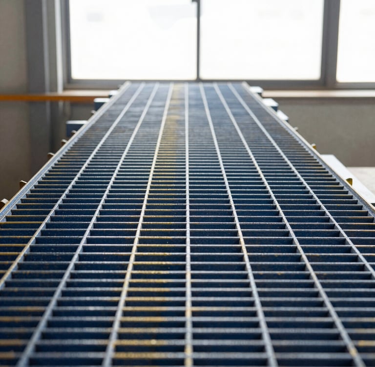 Straight-on profile of a heavy-duty industrial fiberglass structural grating, deep blue and golden yellow resin-matrix formulation, crisp factory window light