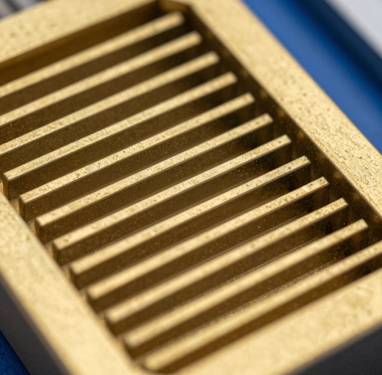 Macro detail shot of a golden yellow composite grating structure, extreme close-up, sharp focus, high-contrast industrial lighting, 35mm