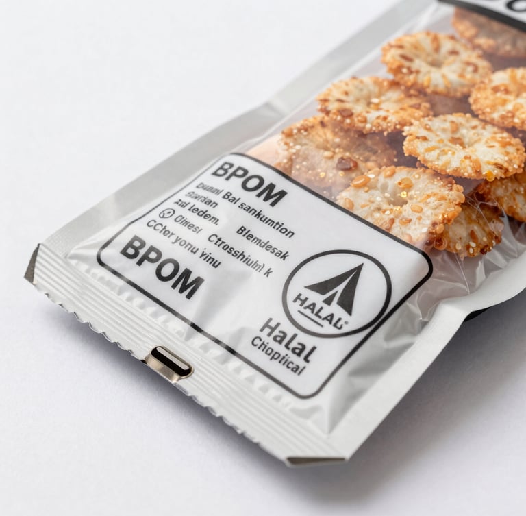 Close-up of clean imported snack packaging showing a clearly printed BPOM and Halal certification label on a neutral white studio background, bright commercial lighting
