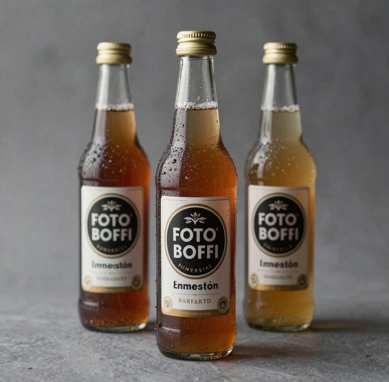 Foto studio komersial botol kopi dan kaleng teh impor premium dengan pencahayaan terang merata di atas latar belakang abu-abu terang netral.