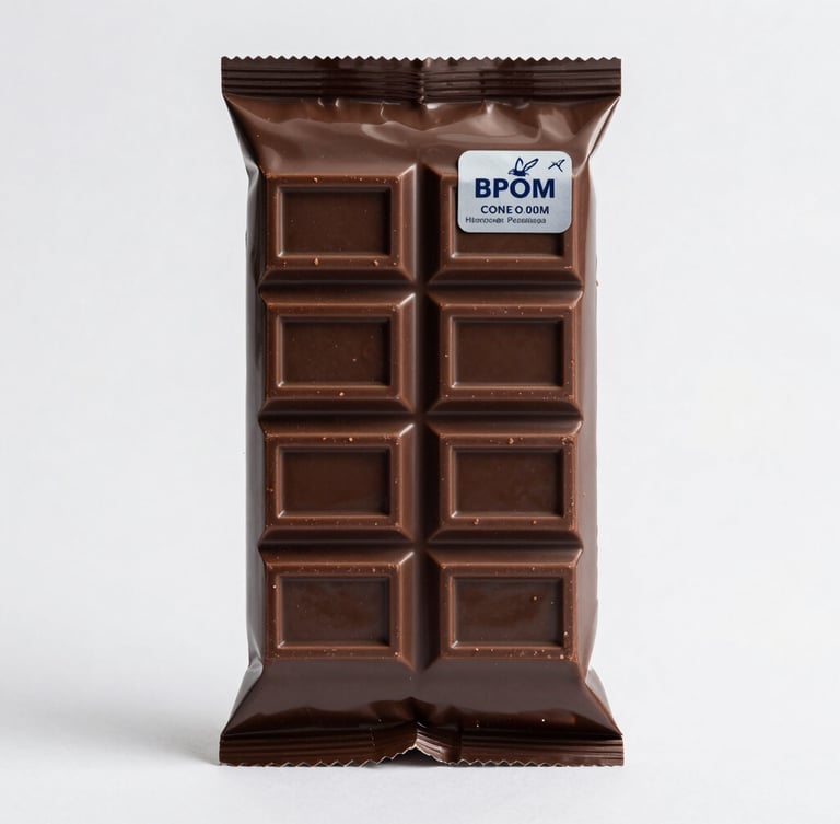 Straight-on commercial product shot of a premium dark chocolate bar packaging with a visible BPOM registration label sticker, bright studio lighting, soft shadows.