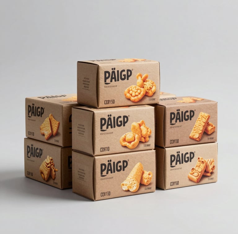 Straight-on commercial studio packshot of neatly stacked imported snack boxes on a clean light grey background, bright even lighting, soft shadows.