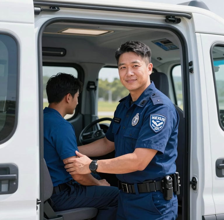 Portrait shot of a uniformed NEXUS MEDICUS INC driver gently assisting a patient into a modern, clean transport vehicle, interior visible, natural daylight, professional 35mm, crisp blue and white tones.