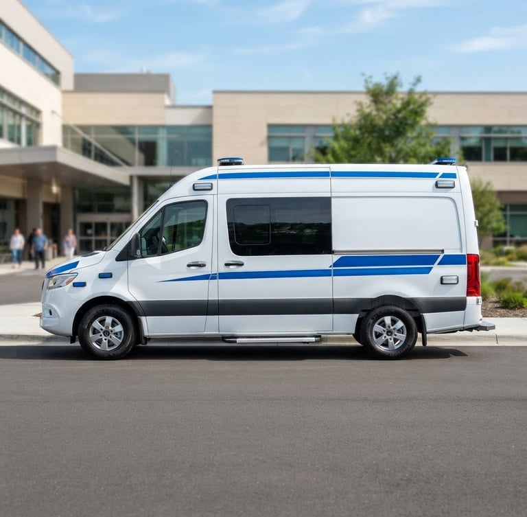 Modern branded medical transport vehicle, white with blue accents, parked cleanly, side profile, bright natural daylight, crisp blue and white tones, sharp focus, professional 35mm