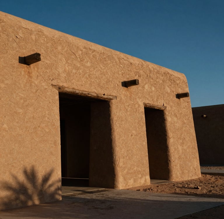 Stark, high-contrast architectural lines of a modern adobe building against a deep blue desert sky, warm late-afternoon sun casting sharp geometric shadows.
