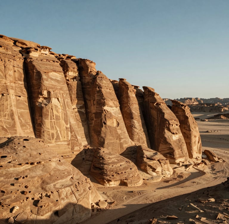 Wide panoramic view of stark, structured sandstone cliffs in the late afternoon sun, sharp architectural lines of rock formations, expansive sky, warm desert tones.